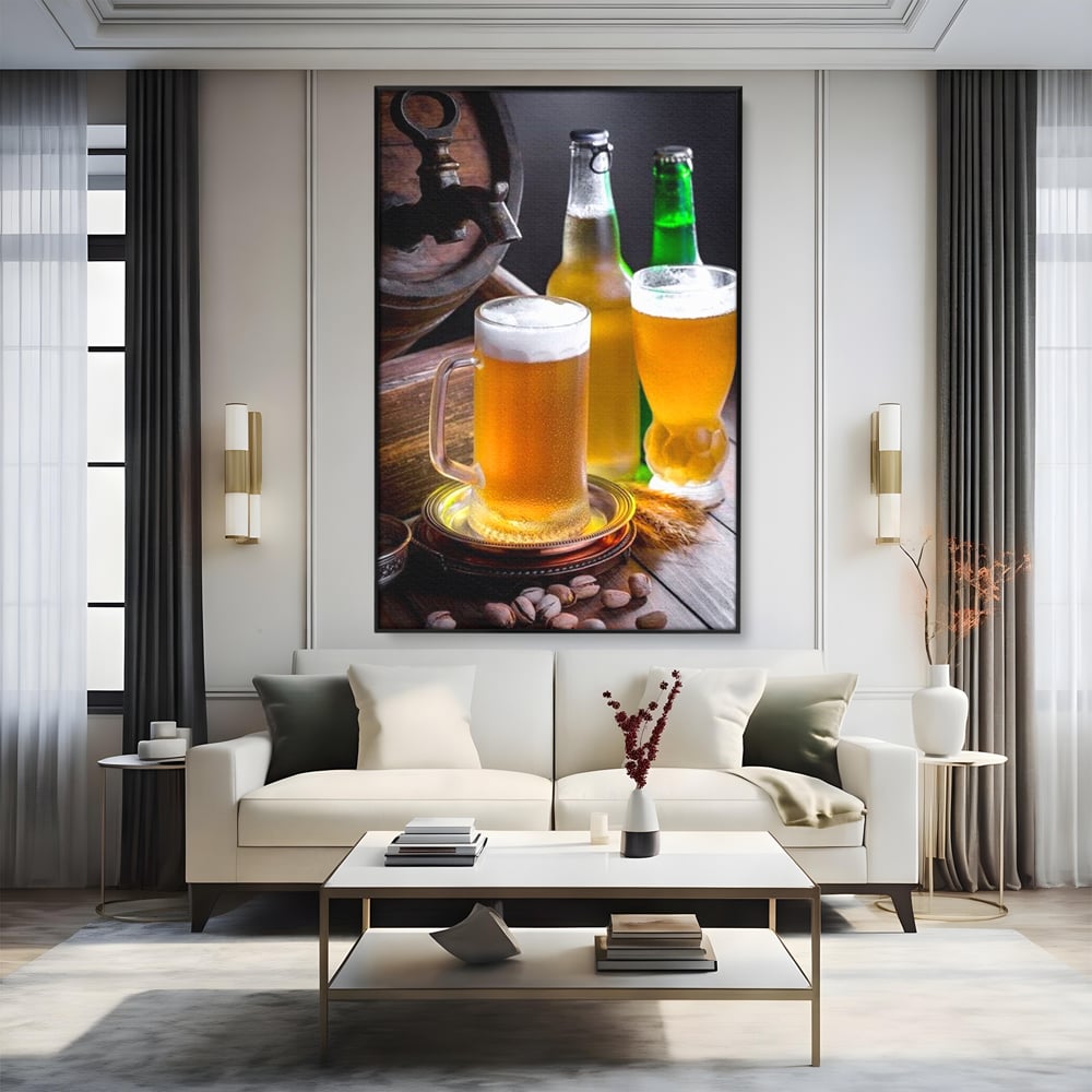Tablou canvas cu tablou canvas cu halba de bere, in rama de aluminiu negru, pe perete intr-un living